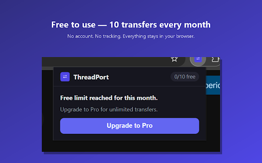 ThreadPort — Move & export AI chats: ChatGPT, Claude, Gemini & more :: Move the FULL conversation between ChatGPT, Claude, Gemini, Perplexity & Mistral in one click. Export to Markdown. No summarizing.
