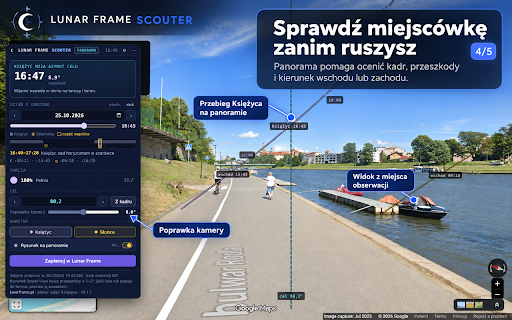 Lunar Frame Scouter – Moon & Sun shot planner :: The Moon and Sun path on Google maps and panoramas. Judge an unfamiliar spot before you drive out.