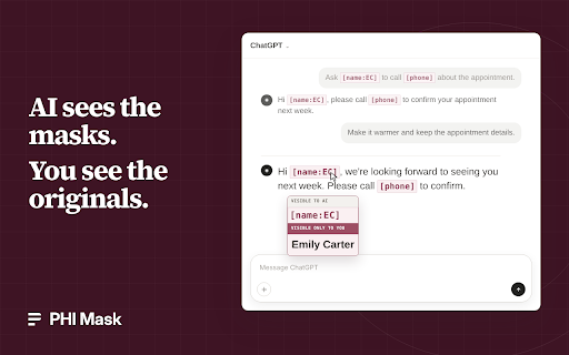 PHI Mask - Data Privacy Mask :: Mask names, identifiers, and other private details as you paste or upload. Real private values won't be sent to AI.