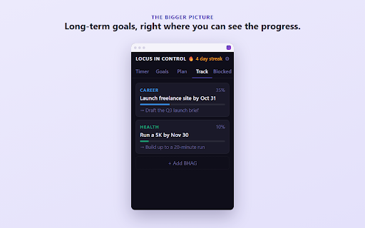 LocusInControl: Goal-Oriented Focus Timer :: Focus timer for easily distracted minds — automatic Pomodoro loops, goal tracking, and site blocking.