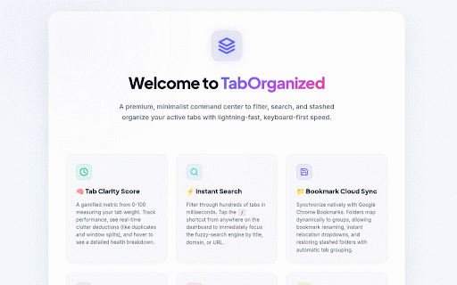 TabOrganized :: A gorgeous, minimalist dashboard to list, search, and organize tabs across all windows with keyboard-first shortcuts.