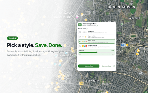 Clean Google Maps :: Shrink Google Maps pins, or turn them into small coloured dots. Your places and labels all stay exactly where they are.