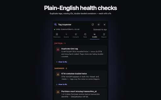 Tag Inspector — Meta Pixel, LinkedIn & GA4 Tag Detector :: Audit any page's tracking setup: detect Meta Pixel, GA4, GTM and 10+ platforms, stream live events, check consent, export reports.
