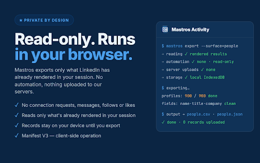 LinkedIn Scraper: Export Profiles, Jobs, Posts & Sales Navigator to Excel :: LinkedIn profile scraper and Sales Navigator scraper. Export profiles, jobs, posts, companies to Excel or CSV · by Mastros