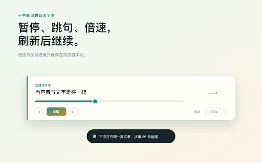 沉浸式听读 - 网页朗读与同步高亮 :: 在原网页中使用本地语音朗读正文,并逐句同步高亮、自动跟随和恢复阅读进度。
