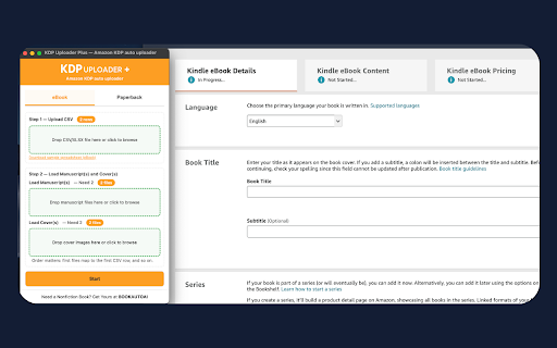 KDP Uploader Plus — Amazon KDP auto uploader :: Semi-automates Amazon KDP (Kindle Direct Publishing) book uploads for both eBook and Paperback formats from CSV/XLSX spreadsheets.
