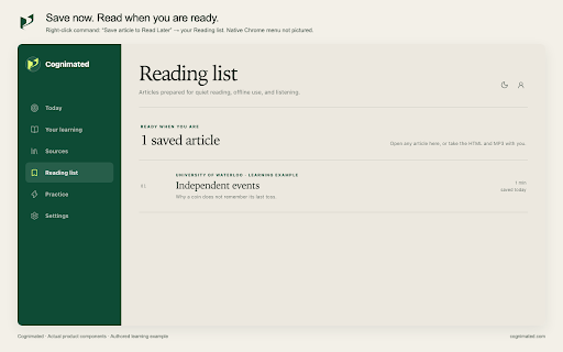 Cognimated :: Read with fewer distractions, explain selected text, save articles, and revisit useful ideas through practice.