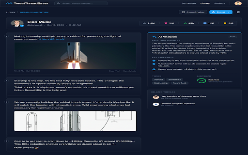 Tweet Thread Saver :: Save X/Twitter threads with one click. AI summaries, searchable archive, export to NotebookLM & Markdown. Never lose valuable…