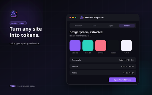 Prism – AI Website Audit & Inspector :: Audit accessibility, SEO, UX, performance and security. Inspect elements, extract design tokens and get AI-powered fixes.