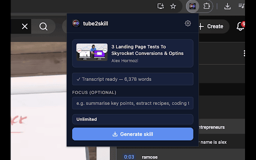 Tube2Skill — YouTube to Claude Skill Converter :: Convert any YouTube video into a Claude skill — one click to extract, generate, and download.