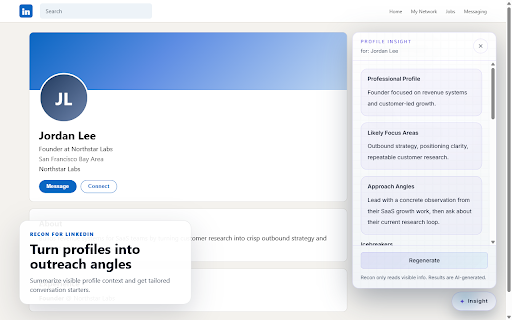 Recon - LinkedIn AI Writing Assistant :: Profile insights, replies, connection notes, and post drafting for LinkedIn. User-triggered only. No auto-send or automation.