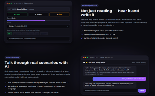 SurfLexAI - AI-Powered Translation & Language Learning Assistant :: Double-click any English word to translate and save it. Review with flashcards, quizzes, and writing practice.
