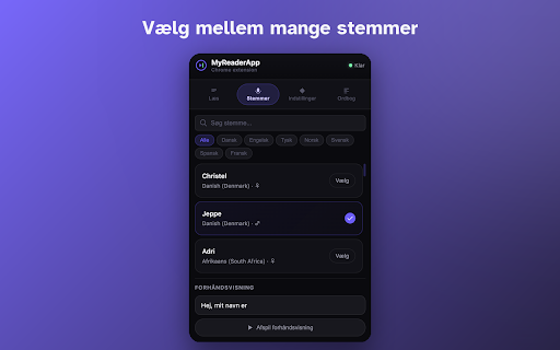 MyReaderApp :: Læser tekst op med ord-for-ord markering og lader dig skrive med stemmen. Bygget til ordblinde. Virker også i Word og Google Docs.
