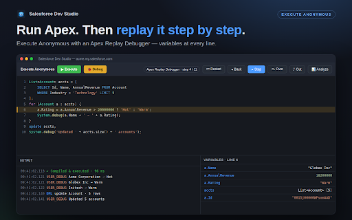 Salesforce Dev Studio – Apex, LWC, SOQL & Debug Log IDE :: VS Code-style IDE for Salesforce: edit & deploy Apex/LWC, SOQL autocomplete, debug log analyzer, replay debugger & data import.