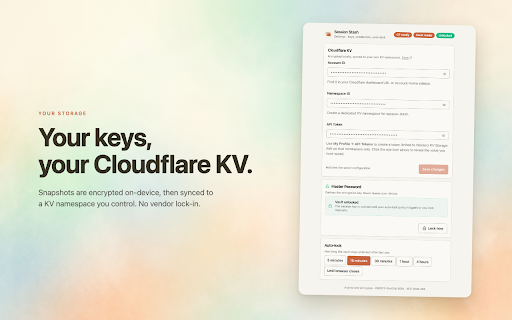 Session Stash :: Manage and switch multiple account sessions per site. Encrypted cookie and localStorage sync via Cloudflare KV.