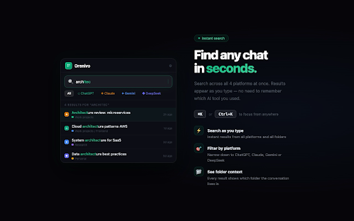 Orenivo — AI Folders for ChatGPT, Claude, Gemini, Grok & DeepSeek :: Folders, search & prompt templates for ChatGPT, Claude, Gemini, Grok and DeepSeek — all in one place. Free to use, no paywall.