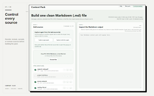 Context Pack — Files & Web to Markdown :: Convert web pages, selections, PDF, DOCX, Markdown, and text into one clean Markdown (.md) file — locally.