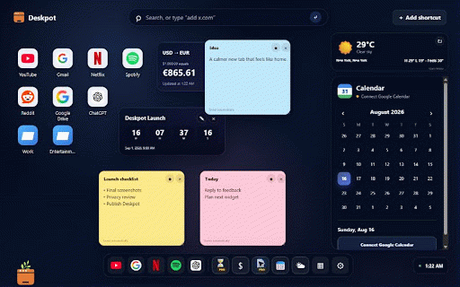 Deskpot - Custom New Tab & Speed Dial :: A customizable Chrome new tab speed dial with shortcuts, folders, widgets, calendar, notes, weather, and wallpapers.