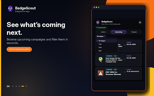 Twitch Badge Alerts - by BadgeScout :: Get alerts for active, upcoming, free, paid and final-24h Twitch badges. Track badges, set reminders and never miss one.