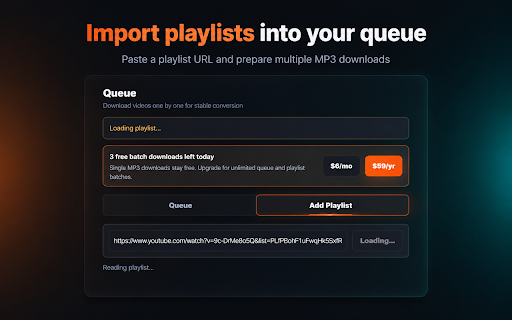 YouTube to MP3 Converter :: Convert YouTube videos to MP3. Build queues, import playlists, and batch download audio locally.