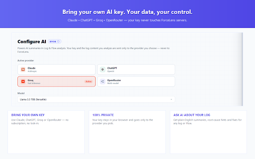 ForceLens — Salesforce Log & Flow Intelligence :: Turn Salesforce Apex logs & Flows into clarity — DML, SOQL, governor limits, errors, timelines, and AI insights in one click.