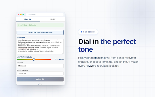 CV Adapter: AI Resume & CV Tailoring for Jobs :: AI resume builder that tailors your CV to any job description. Beat the ATS and apply faster, right from the job posting.