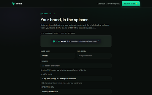 Kolex — get paid for waiting :: Replaces the loading indicators on ChatGPT, Claude, Gemini, and Grok with one sponsored status line. You keep 50% of the ad revenue.