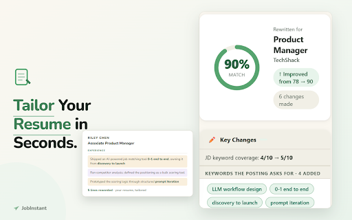 JobInstant - Resume Match Score & ATS Keyword Checker for Job Boards :: Resume match score & missing ATS keywords on every LinkedIn or Indeed job. Tailor your resume in one click. No account.