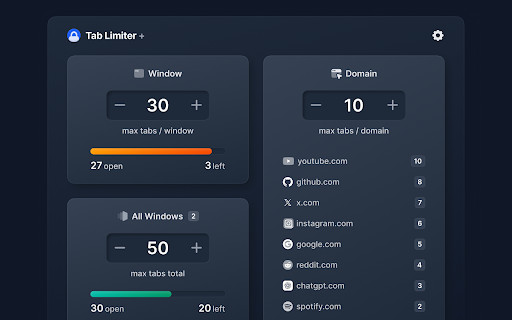 Tab Limiter Plus - Per Window, Domain & Total :: Limit & count open tabs – total, per window, and per domain