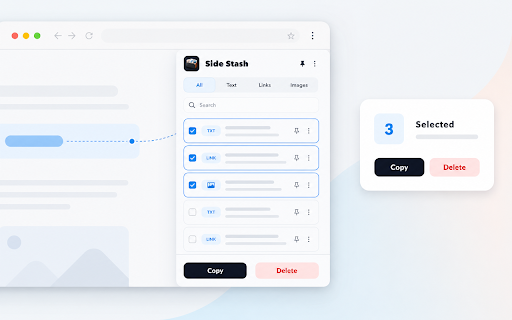 Side Stash :: Save text, links, and images to a private side panel. Search, filter, and copy — all stored locally.