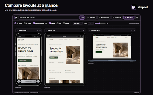 Sitepeel :: Inspect sites, export code and Design MD, capture pages, and compare responsive layouts with 13 tools.