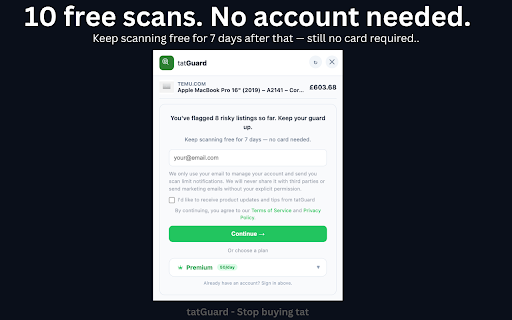 tatGuard — Online Fake & Scam Protection :: AI-powered counterfeit and scam detector for online shopping. Instant risk scores for any product, on any marketplace.