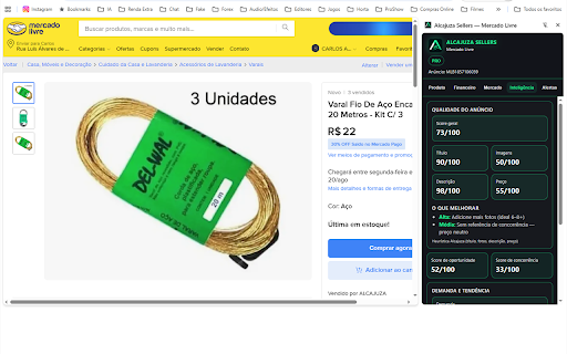 Alcajuza Sellers — Mercado Livre :: Analise anúncios do Mercado Livre: custos, margem, visitas e scores — no painel lateral do Chrome.