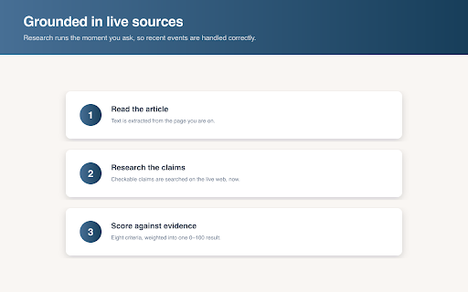 PRUUF :: Score any news article on eight measures of how it presents the truth — with the evidence behind every point.