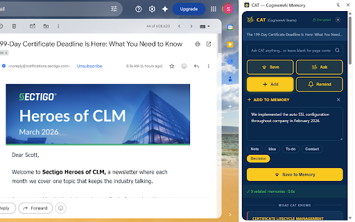 CAT — CogmemAi Memory :: Save and recall knowledge from any webpage or email. One click to remember, one click to recall.