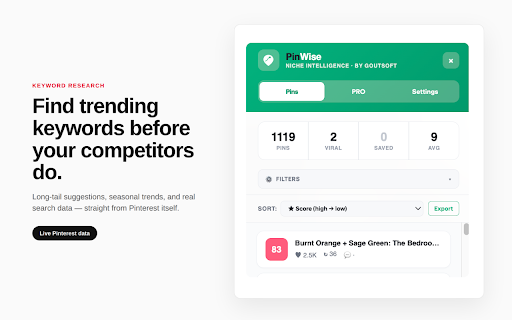 PinWise - Pinterest Pin Stats, Keyword & Niche Finder :: Discover profitable Pinterest niches, see hidden pin stats, find trending keywords, and track competitors on Pinterest.