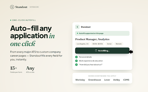 Standout: Instant Job Match & Apply with AI-Tailored Resume & Cover Letters :: Standout reads your resume, finds the right roles you fit, writes each application for you, and applies with one click