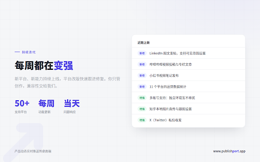 PublishPort - 多平台内容一键发布 :: 一次创作,多平台发布。把文章、图文、视频一键发到你已登录的各大内容平台,支持 AI 助手驱动,涵盖发布、数据统计与互动自动化。