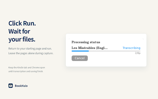 BookHalo :: Transcribe visible Kindle Cloud Reader pages into personal reading-note text and a reference PDF