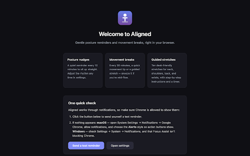 Aligned - Posture and Movement Reminders :: Gentle posture reminders, movement breaks, and guided stretches for desk workers.