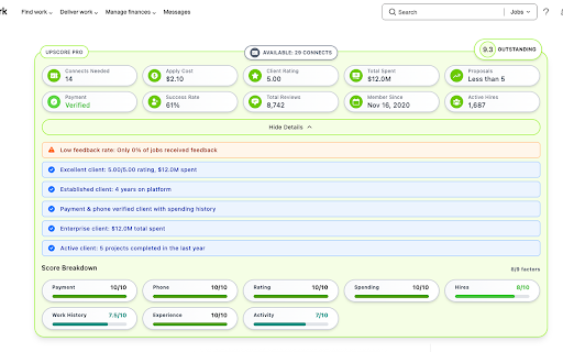 UpScore Pro - Smart Job Analysis for Upwork :: Save money on Upwork! Get instant job quality scores, risk warnings, and connect costs before applying to avoid bad clients.