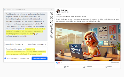 CommentGPT: AI Comment Assistant :: CommentGPT uses AI and image analysis to create context-aware comments for social media. Works on all major platforms. Free to use.
