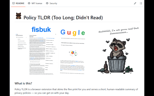 Policy TL;DR :: Detects privacy policy links and summarizes them via AI.