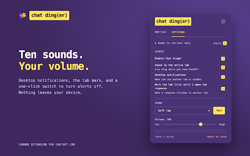 Chat Dinger – Notification Sound for ChatGPT :: Sound alert when ChatGPT finishes a response or image. Works in every ChatGPT language. Marks the tab until you open the answer.