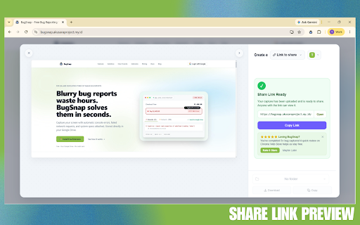 BugSnap - Bug Reporting & Screen Recorder :: Capture screenshots and screen recordings with audio, plus console logs and network errors, straight to your Google Drive.
