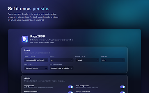 Page2PDF :: Save any web page as a PDF that looks exactly like the screen. Selectable text, working links, full page, no cut off content.