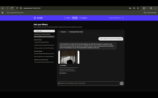 SaveNet - Save smarter, find faster :: Companion extension to SaveNet. Capture Instagram saves, X bookmarks, and browser bookmarks into your AI-powered library.