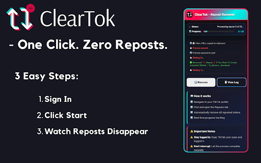 ClearTok - TikTok Repost Remover :: Instantly remove all your TikTok reposts—no scrolling, no tapping.