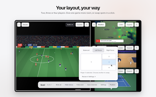 Quad — YouTube TV Multiview :: YouTube TV multiview for Chrome. Watch up to 4 games side by side in one fullscreen grid and switch the sound with a click.