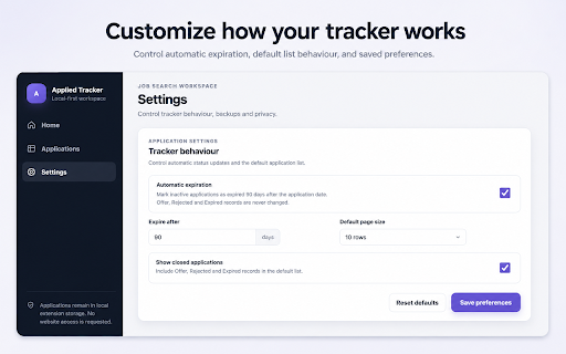 Applied Vacancies Tracker :: Track job applications locally: company, role, date, salary, status, and more. One-click page detection can prefill new entries.